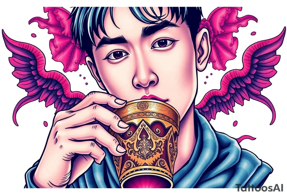 Handsome Asian young guy is drinking from medieval cup tattoo idea