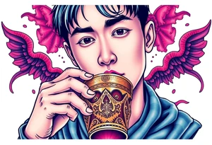 Handsome Asian young guy is drinking from medieval cup tattoo idea