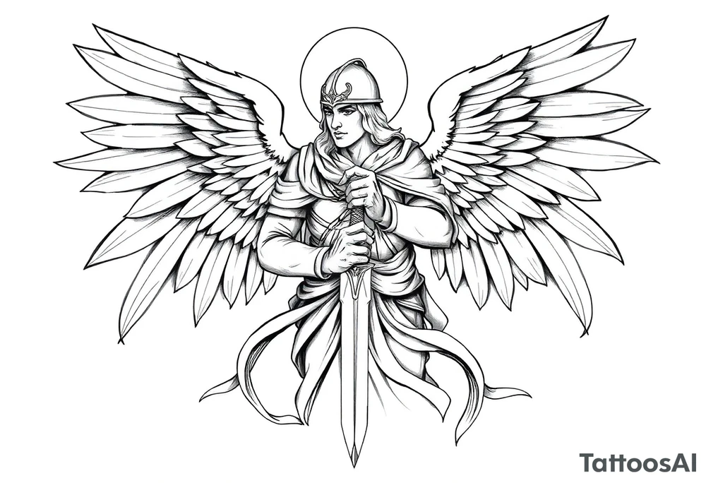 Holy Archangel, Biblical, Christianity, Hebrew, Guards of Christianity, Holding a sword, has six wings, wearing helmet, halo, seraphim, seek justice, walk only with God tattoo idea