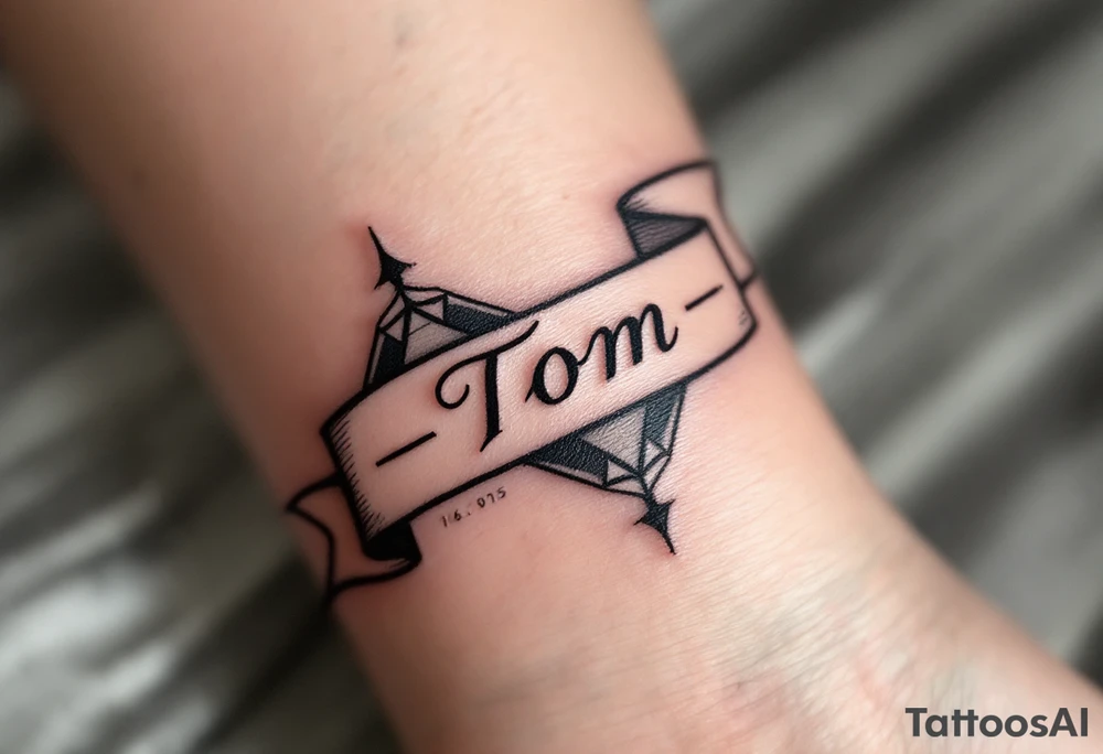 Name "Tom" flowing like a banner above 18.6.2015 v 9:00, with subtle earth tone shading. tattoo idea