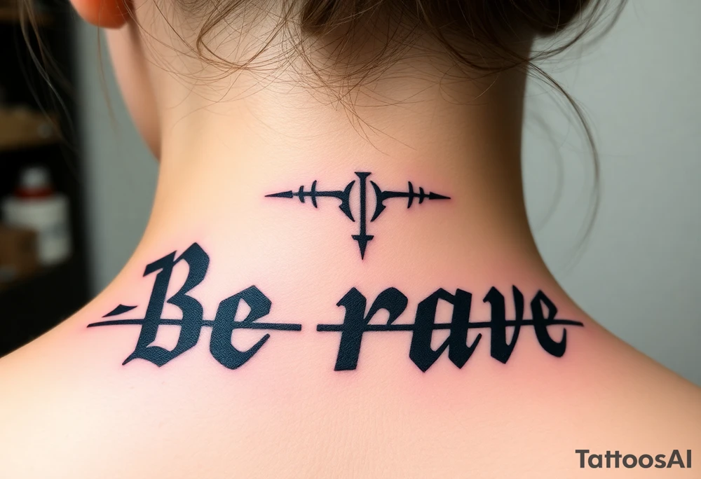 Be brave" written in Dauntless-inspired typography, with battle scars scratched into the letters tattoo idea