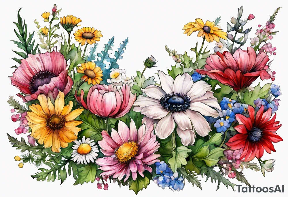 wildflowers cascading with thistles, ferns, white anemones, sun flowers, buttercups, pink flowers, red flowers, babys breath and daisies all in watercolor tattoo idea