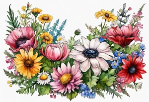 wildflowers cascading with thistles, ferns, white anemones, sun flowers, buttercups, pink flowers, red flowers, babys breath and daisies all in watercolor tattoo idea