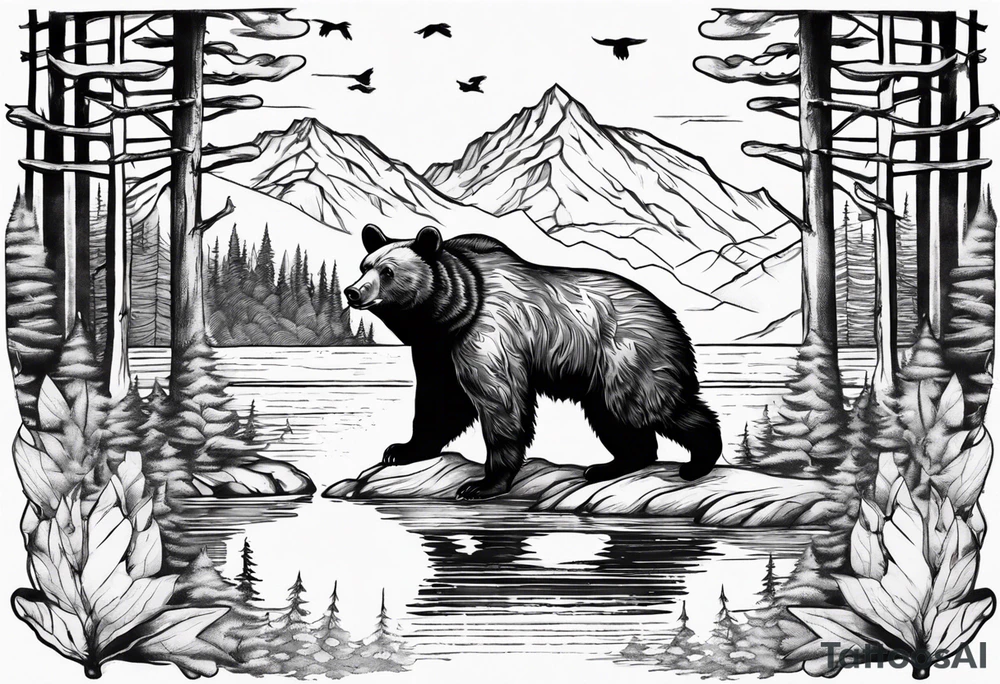black bear over a forest with a lake below tattoo idea