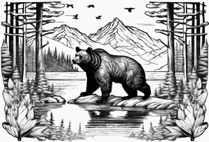 black bear over a forest with a lake below tattoo idea