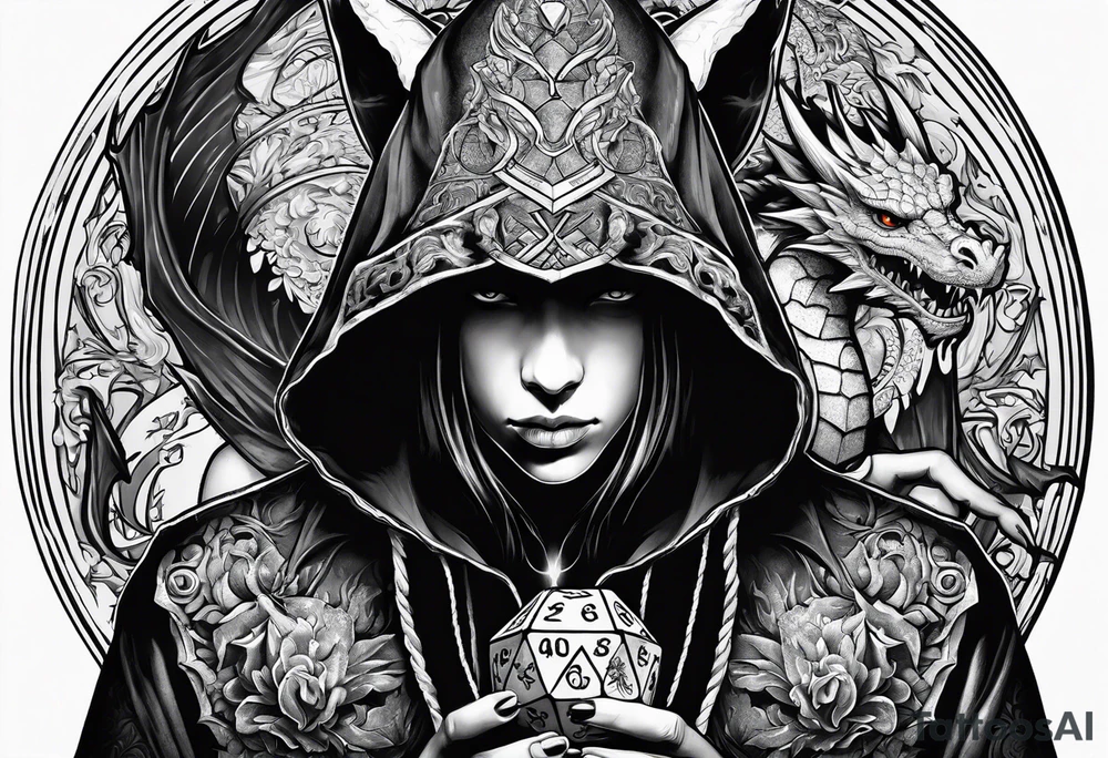 Hooded figure holding a D20, surrounded by a dragon tattoo idea