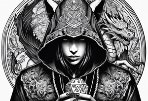 Hooded figure holding a D20, surrounded by a dragon tattoo idea