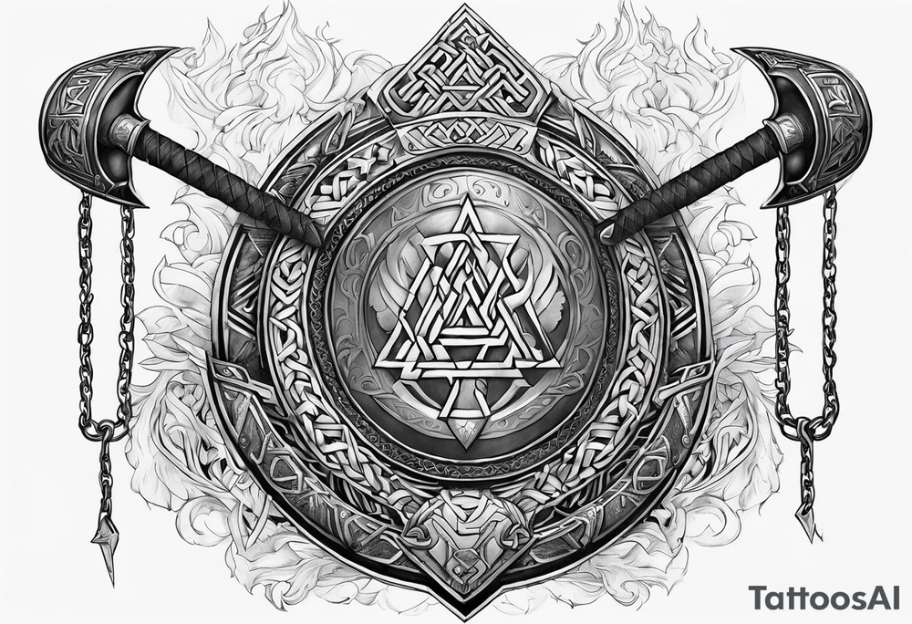Valhalla sword round axe Valknut steps fire chains tattoo idea Valhalla sword round axe Valknut steps fire chains tattoo idea