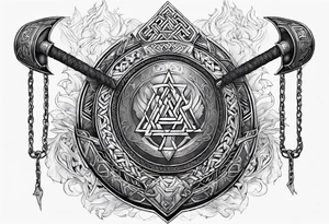 Valhalla sword round  axe Valknut steps fire chains tattoo idea