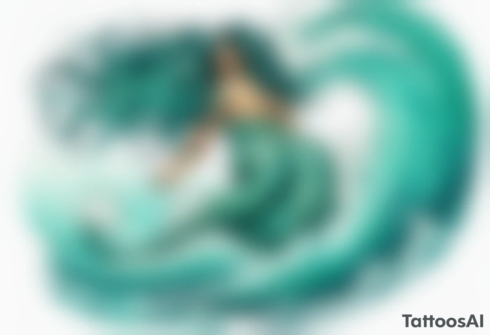 a beautiful chubby turquoise serpent woman emerging from an ocean wave, crashing onto the shore tattoo idea