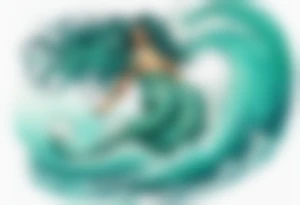 a beautiful chubby turquoise serpent woman emerging from an ocean wave, crashing onto the shore tattoo idea