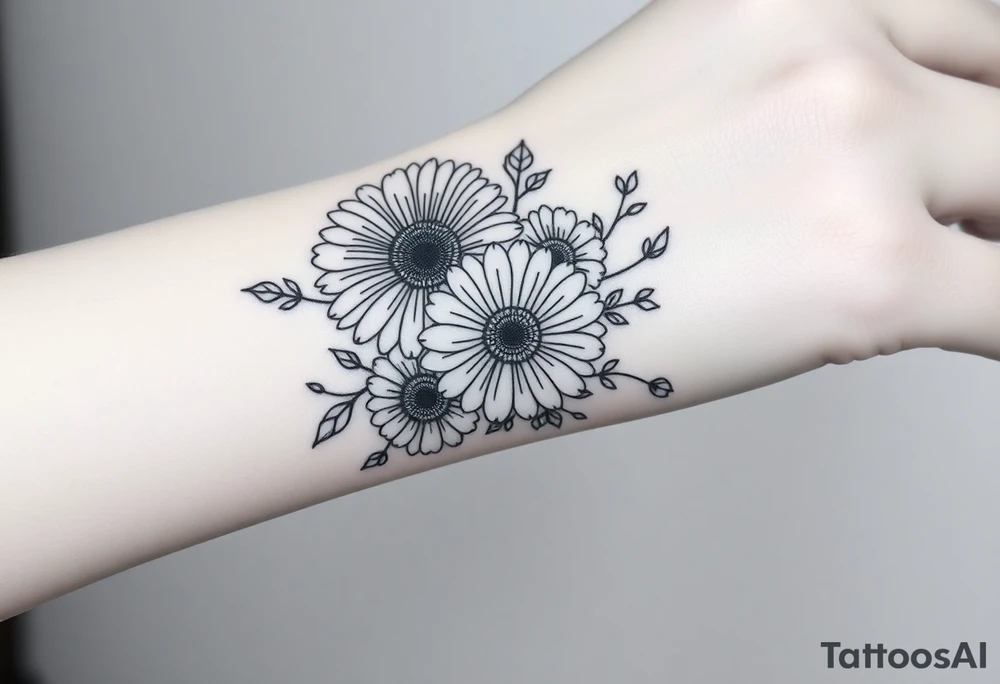 Gerbera daisy bouquet with other flowers and ribbons tattoo idea