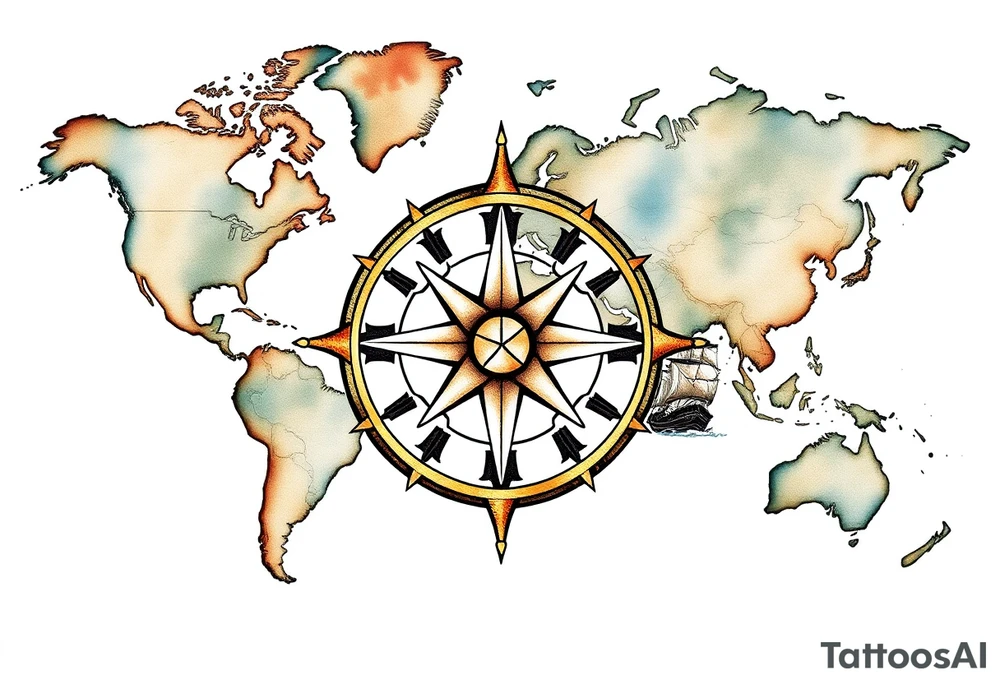 antique compass rose overlaid on weathered world map with sailing ships tattoo idea