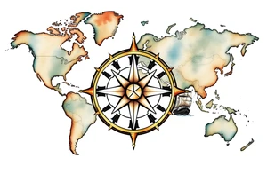 antique compass rose overlaid on weathered world map with sailing ships tattoo idea