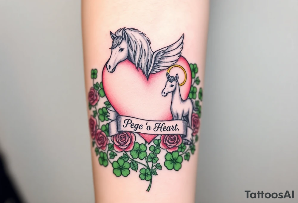 a big pale pink heart and a mare with wings and a halo and a colt in a huge patch of green shamrocks, and red roses with a banner across the heart that says Peg 'o My Heart tattoo idea