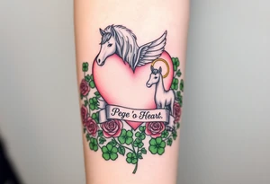 a big pale pink heart and a mare with wings and a halo and a colt in a huge patch of green shamrocks, and red roses with a banner across the heart that says Peg 'o My Heart tattoo idea