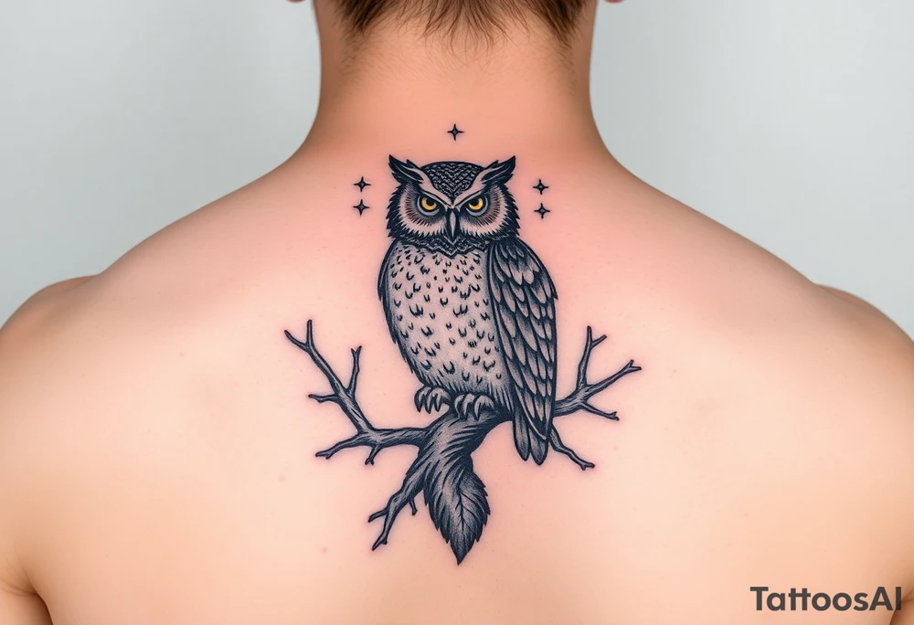 wise owl perched on ancient oak branch under starlit sky tattoo idea