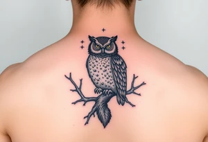 wise owl perched on ancient oak branch under starlit sky tattoo idea