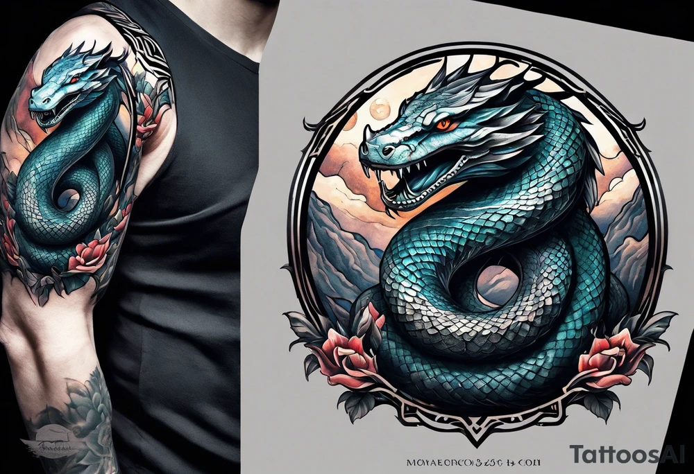 a Sleeve tattoo of Jörmungandr, the giant snake from god of war the game going from shoulder to bicep tattoo idea