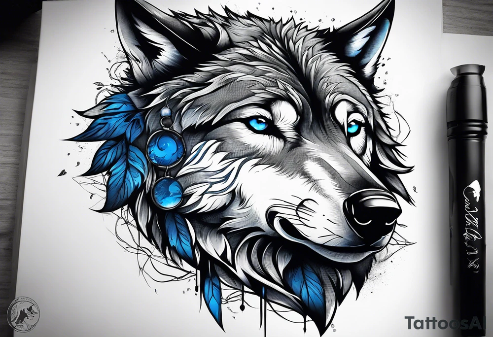 main character an impressive blue-eyed wolf, a crow talks to the wolf, background a gloomy forest tattoo idea