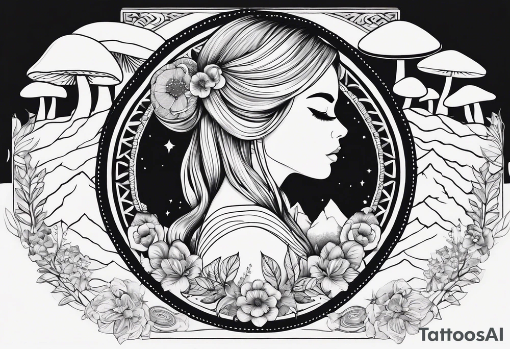 Straight blonde hair girl facing away toward mountains surrounded by mushrooms crescent moon mandala circular design black and white striped dress "8" braided into hair tattoo idea