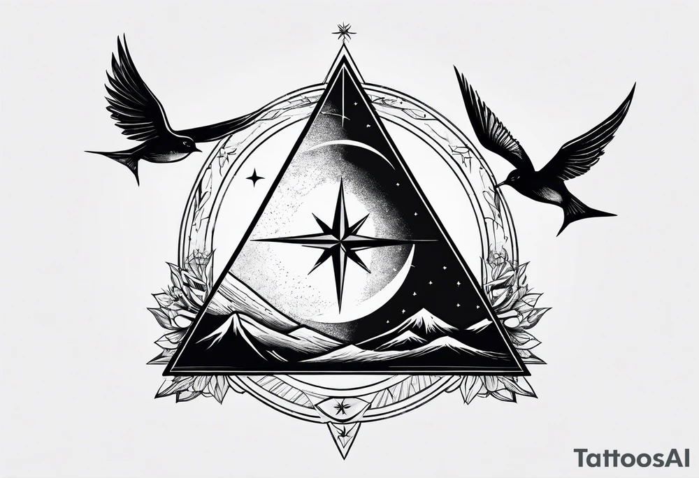 Two triangles with one unclosed, crescent moon, compass, swallows tattoo idea