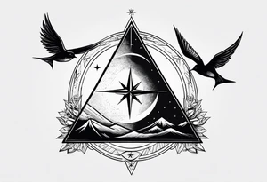 Two triangles with one unclosed, crescent moon, compass, swallows tattoo idea
