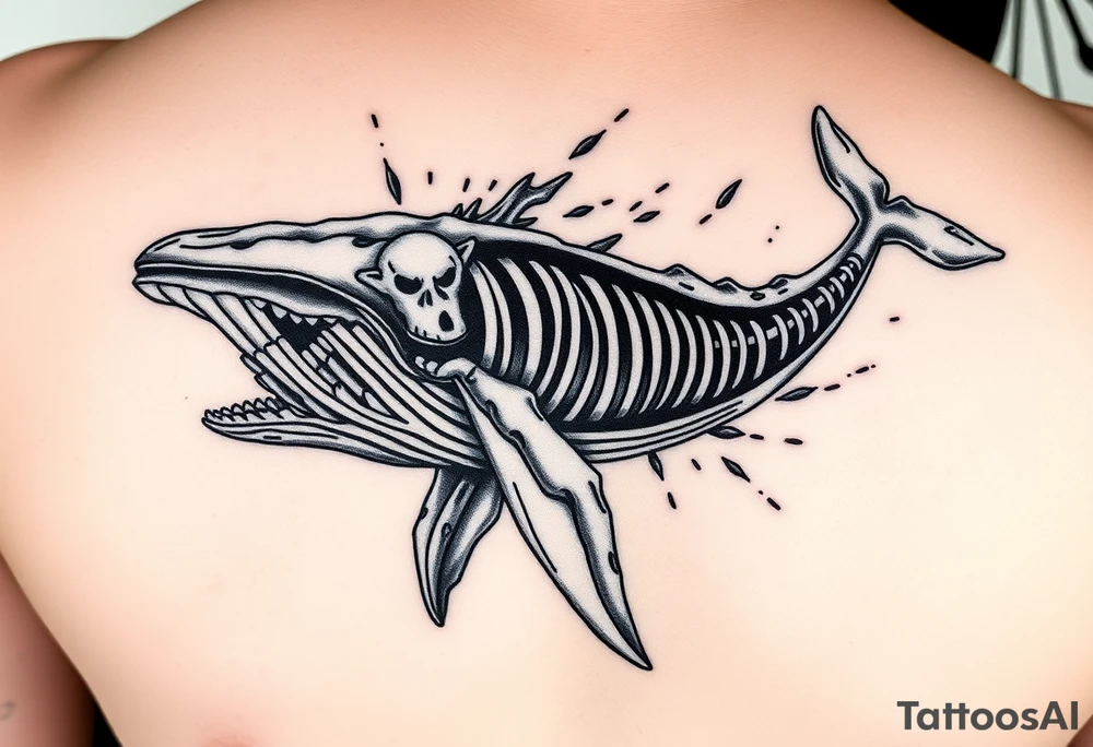 idea is basically a whale that's damaged and torn exposing the skeletal innerts, but it's still fiercely moving forward as hard as it can. generate one with elements of attack on titan and demon slayer and spirited away tattoo idea
