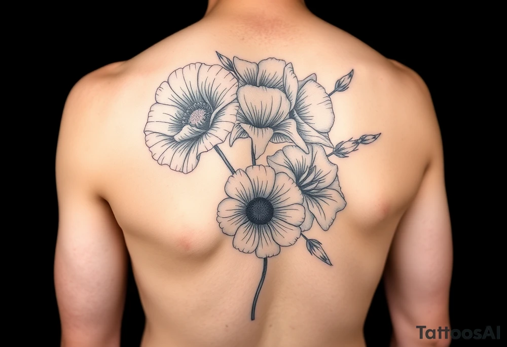 Fore arm tattoo in the neo american traditional style. I want to incorporate a few different flowers: poppy's, morning glorys, narcisus in full color tattoo idea