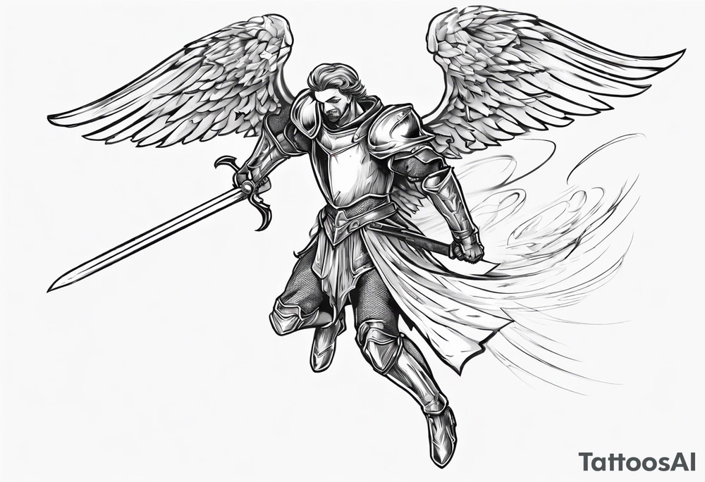 An angel Knight in mid-air with his sword about to attack in isometric view tattoo idea