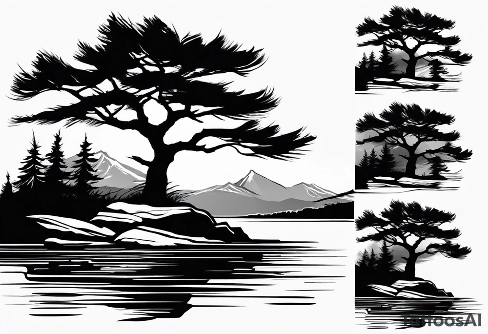 Sleeve tattoo windswept pine tree before lake with low rock face on another side of lake. Mastiff dog silhouette in foreground. tattoo idea