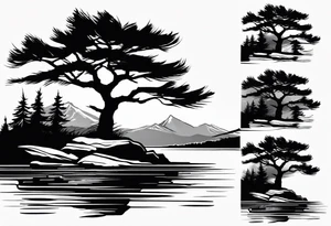 Sleeve tattoo windswept pine tree before lake with low rock face on another side of lake. Mastiff dog silhouette in foreground. tattoo idea