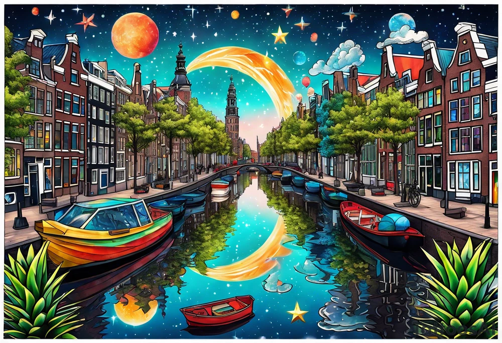 tattoo of animals in Amsterdam canal featuring colours of galaxies and the universe and pineapples and glass tattoo idea