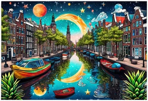 tattoo of animals in Amsterdam canal featuring colours of galaxies and the universe and pineapples and glass tattoo idea