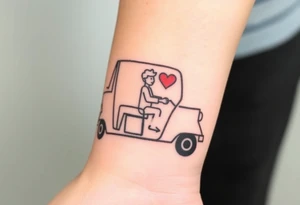 Create a simple tuk tuk. Add a boy in the vehicle. Add a heart to indicate that the boy is in love. tattoo idea