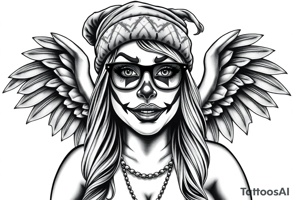 Chicana BBL fat sexy chunky plus size beautiful long hair clown makeup angel wings thug beanie eyeglasses tattoo idea