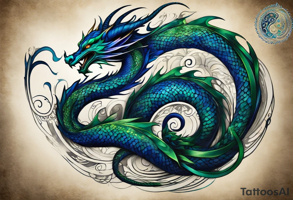 Surrealistic Tattoo: An epic with no wings, floating. Its long body coiling dynamically, with scales and horns detailed to create a sense of movement and strength. The dragon's main color is midnight blue but features accents in green, blue, and gold, giving a vibrant depth and a mystical aura. This tattoo highlights the dragon’s fierce expression and sharp claws as it wraps protectively around the leg. Style: Surrealism tattoo idea