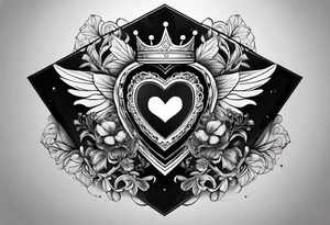 hexagon black heart with a crown and with black blackground tattoo idea