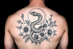 A snake slithering in different flowers with a crescent moon in the background, for a ribcage tattoo idea