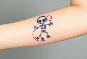 Cute smiley skeleton with love shape in his eyes jumping on a jump rope with blue headphones blue armbands blue sneakers and colorful  music notes around his head tattoo idea