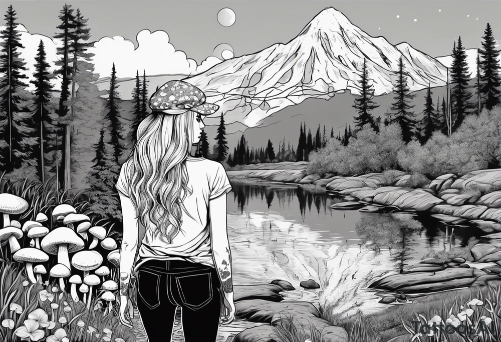 Whole picture encircled fully

Straight long blonde hair hippie girl in distance holding mushrooms in hand facing away toward mountains and creek surrounded by mushrooms long sleeve shirt and hiking pants; whole rendering within a full circle, no cut off circle tattoo idea