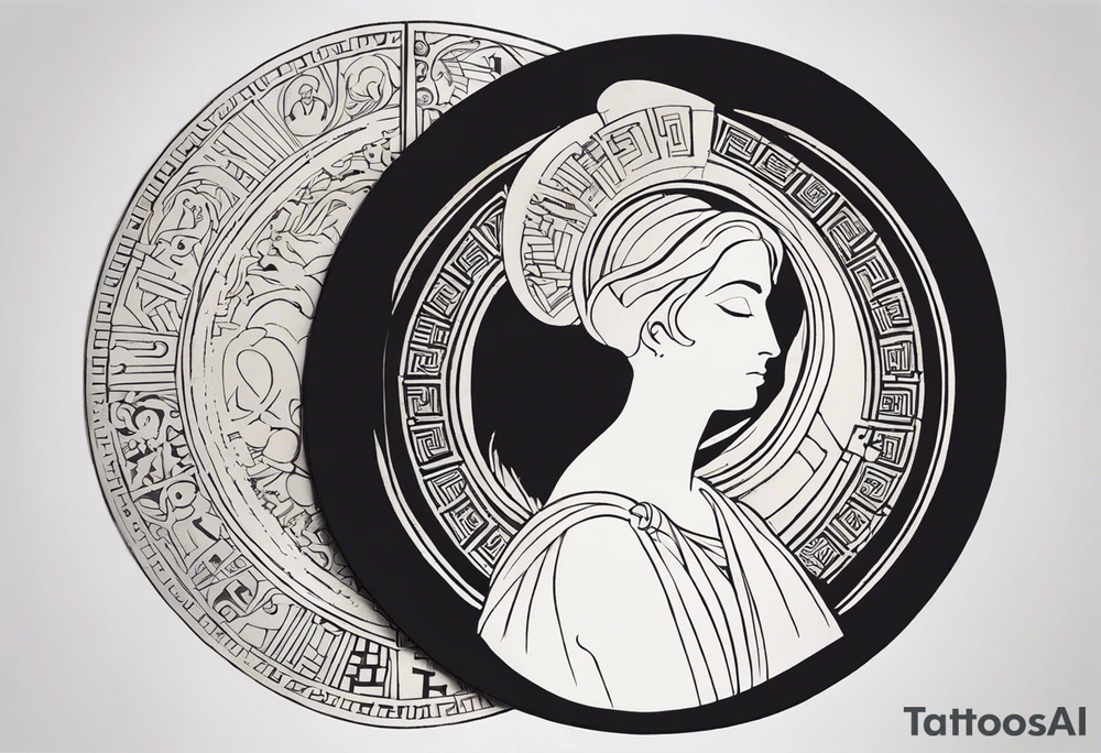 "Craft a minimalist round tattoo inspired by ancient Greek art, centered around Clio, the muse of history. Design a circular composition featuring Clio depicted in the center, holding a scroll adorned with historical symbols or inscriptions. Surround her with subtle yet meaningful elements such as ancient architectural motifs, symbolic representations of ancient civilizations, or fragments of historical texts. Ensure the design maintains a minimalist aesthetic with clean lines and limited detail, while capturing the essence of Clio's dedication to preserving and inspiring the study of history within the circular frame." tattoo idea