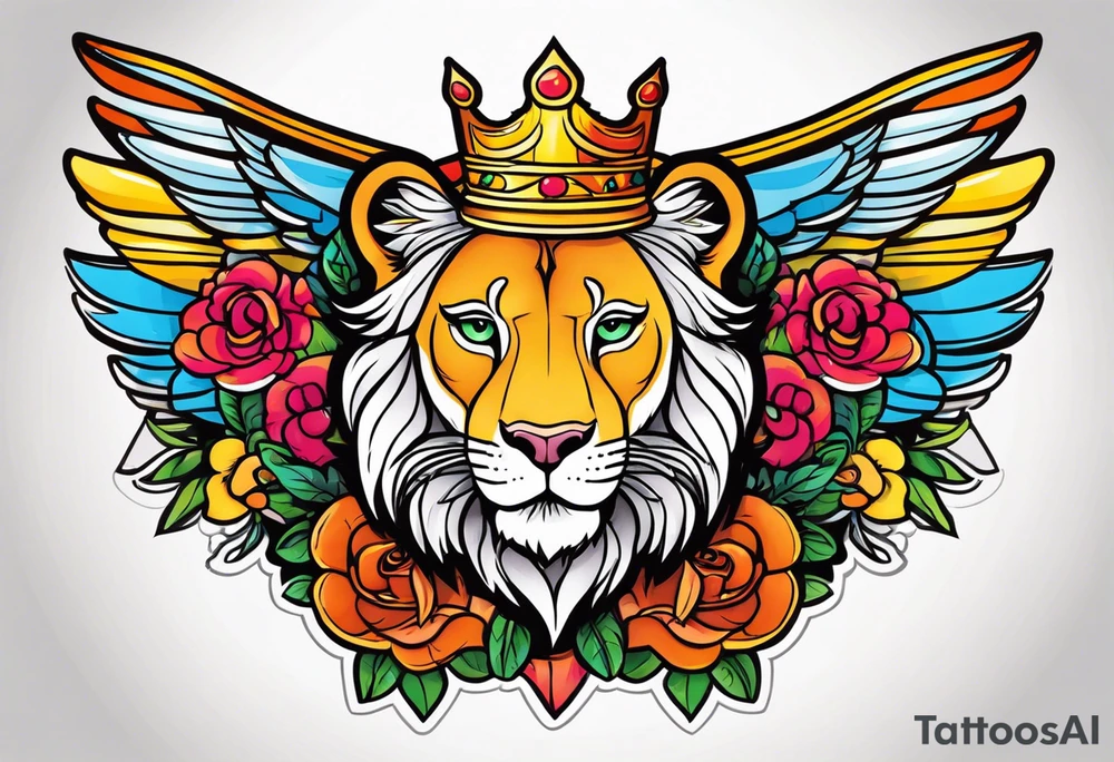 Lioness with wings crown tattoo idea