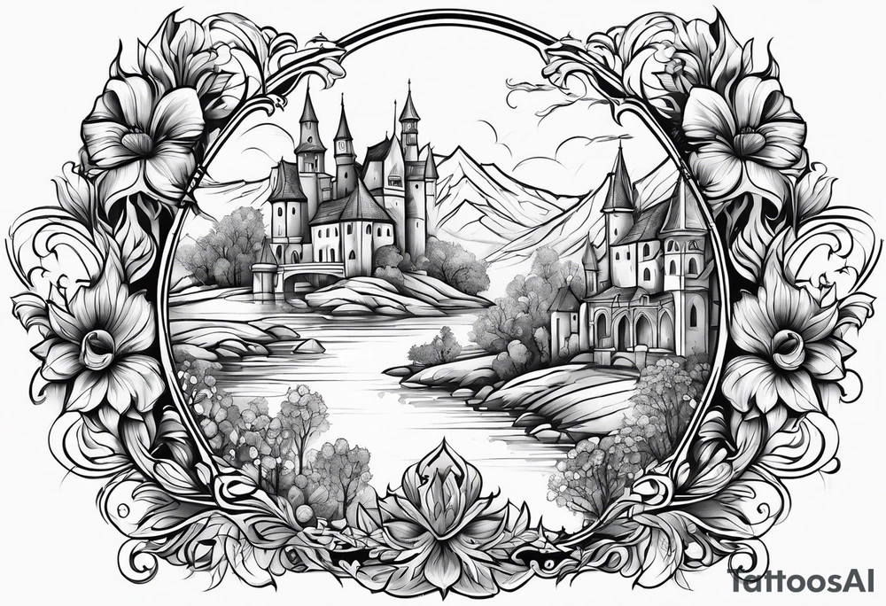 medieval tribal city 
floral  land  vignette tattoo idea