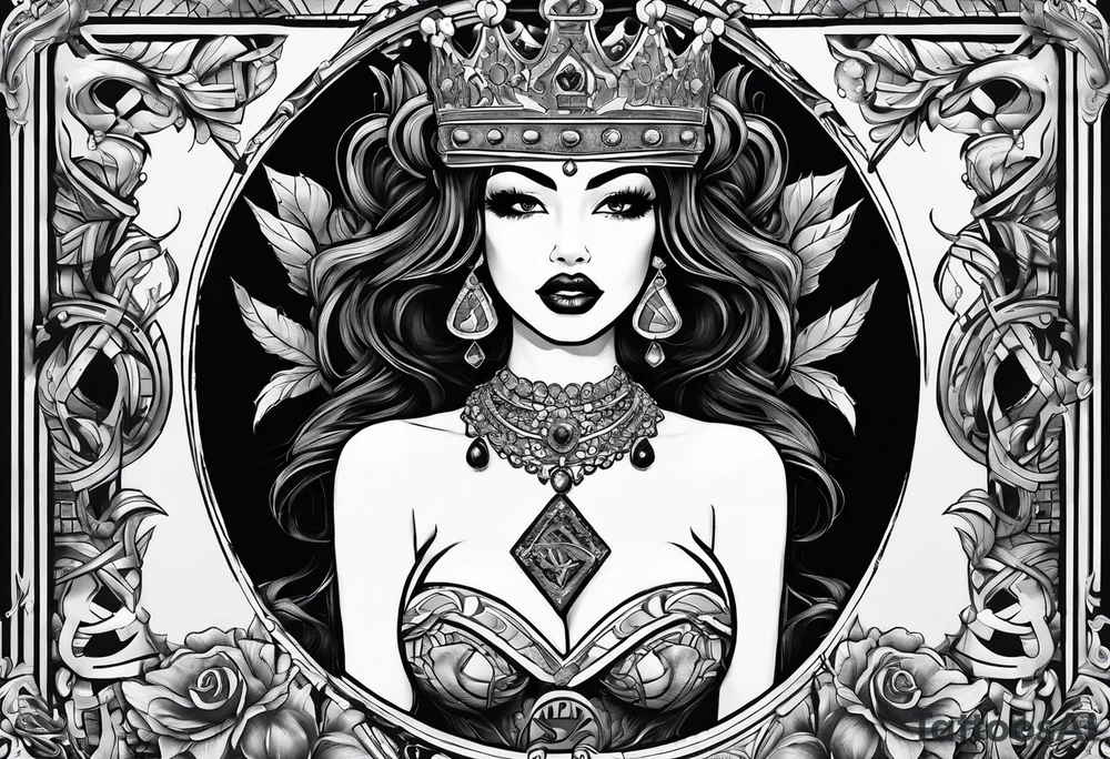 Latina Queen ahegao, drooling, happy, Spade Symbol with letter Q in the center of the spade framed, surrounded by whitespace tattoo idea