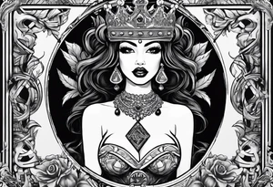 Latina Queen ahegao, drooling, happy, Spade Symbol with letter Q in the center of the spade framed, surrounded by whitespace tattoo idea