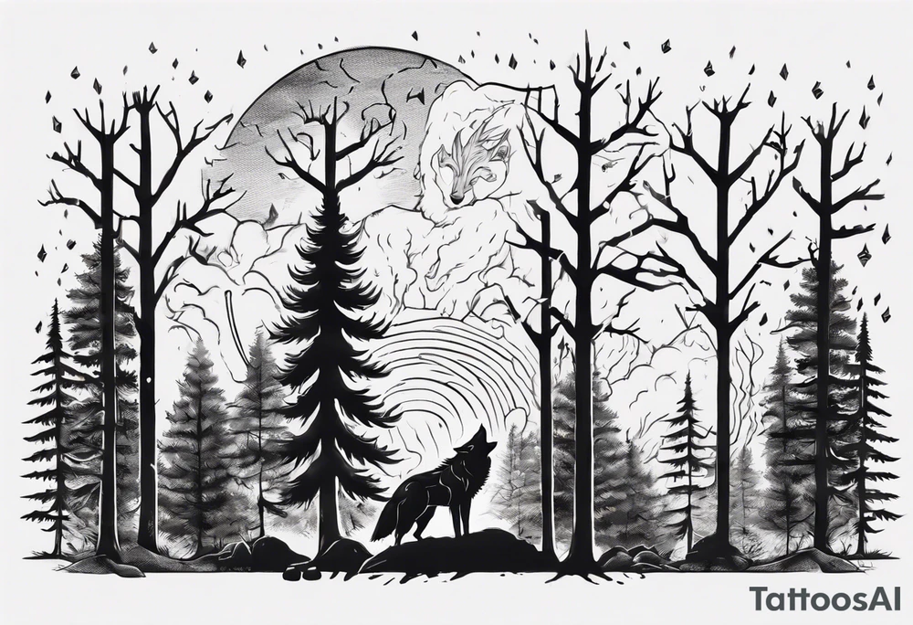 a thunder and lightning storm over a forest with a distant wolf howling and a drums tattoo idea
