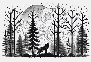 a thunder and lightning storm over a forest with a distant wolf howling and a drums tattoo idea