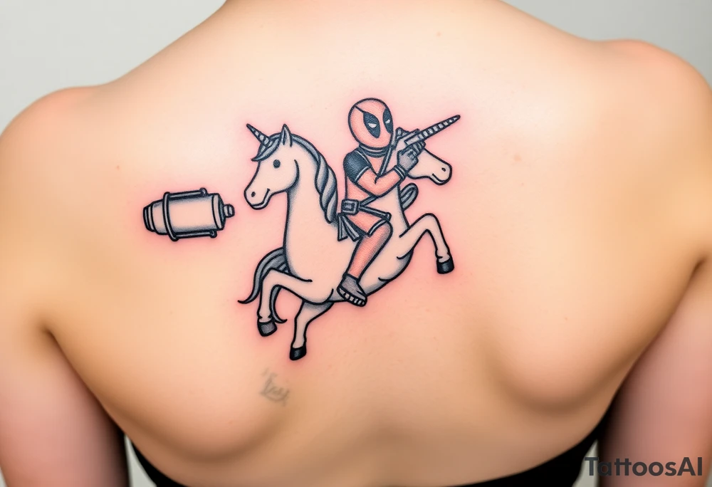 Deadpool riding unicorn pointing rocket propelled grenade launcher tattoo idea