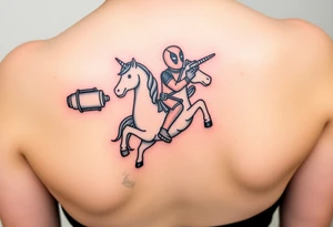 Deadpool riding unicorn pointing rocket propelled grenade launcher tattoo idea
